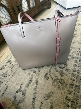kate spade Taupe Tote with Pink Trim and Bow Strap